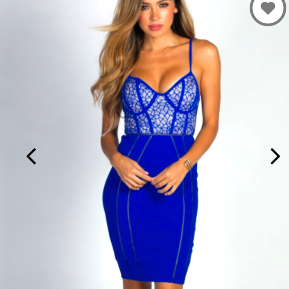 Royal blue and nude lace bodice bustier cocktail dress